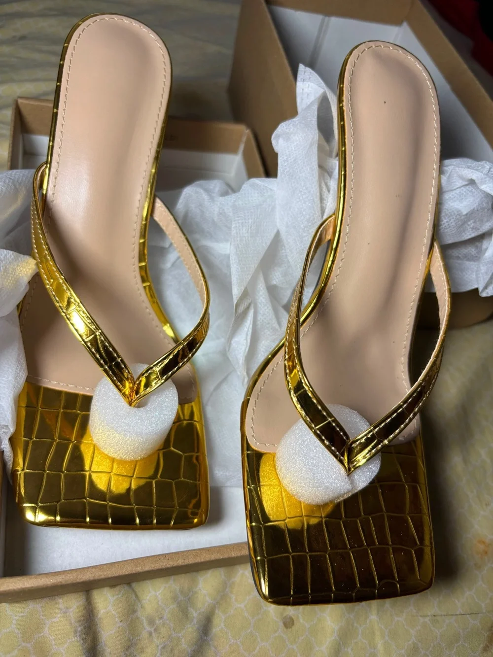 Women's Gold Metallic Square-Toe Slide Sandals